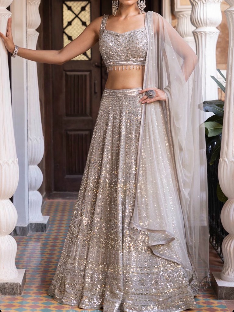 Stunning Basanti Kapde Aur Koffee Silver Sequin Lehenga Set - Size Small